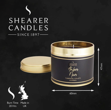 Load image into Gallery viewer, Shearer small gold tin candle - amber noir
