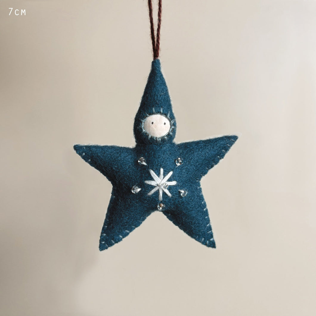 East of India handmade small felt star baby decoration - blue