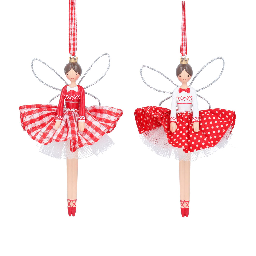 Red Gingham and Polka Dot Hanging Fairy Decorations by Gisela Graham