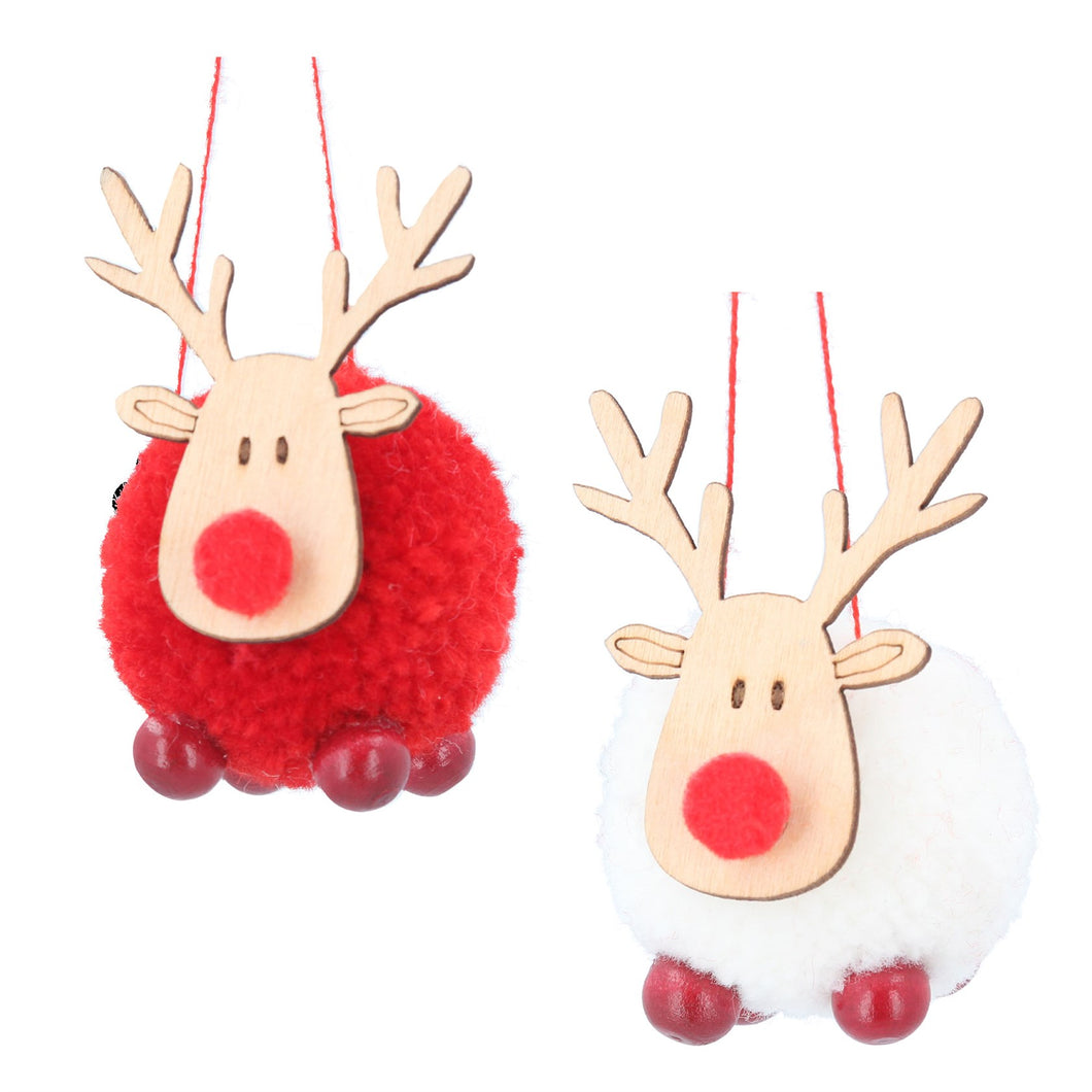 Gisela Graham red/white wool ball reindeer decoration