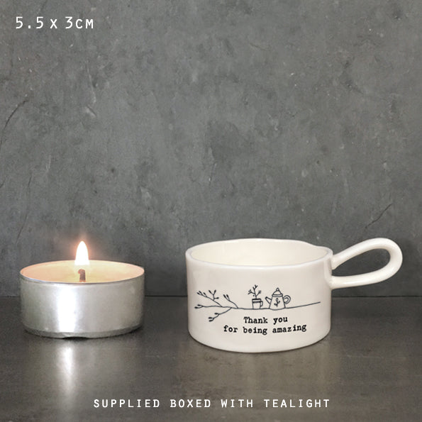 Tea light holder with handle - thank you