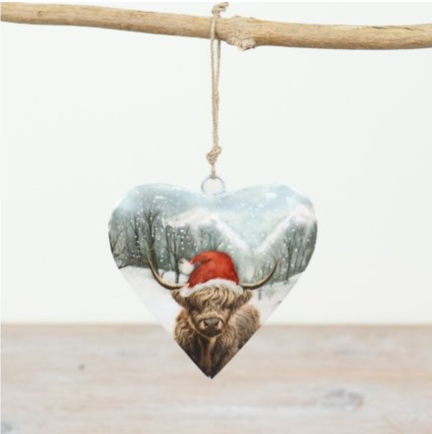Highland cow festive heart Christmas decoration