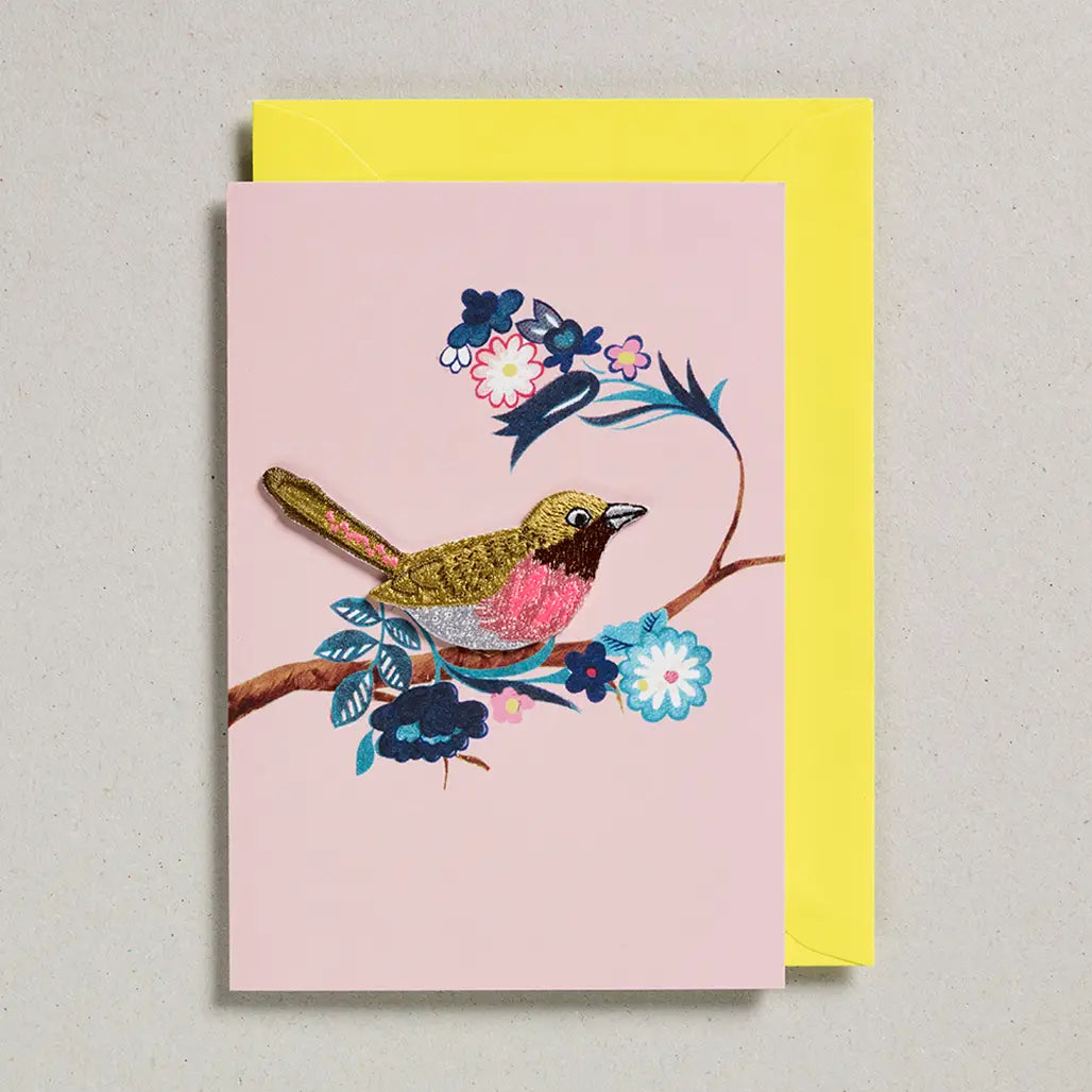 Petra Boase - Iron on embroidered bird card - pink