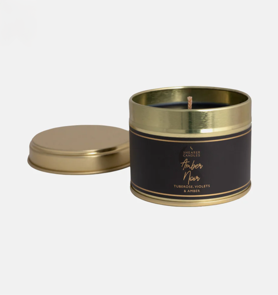 Shearer small gold tin candle - amber noir