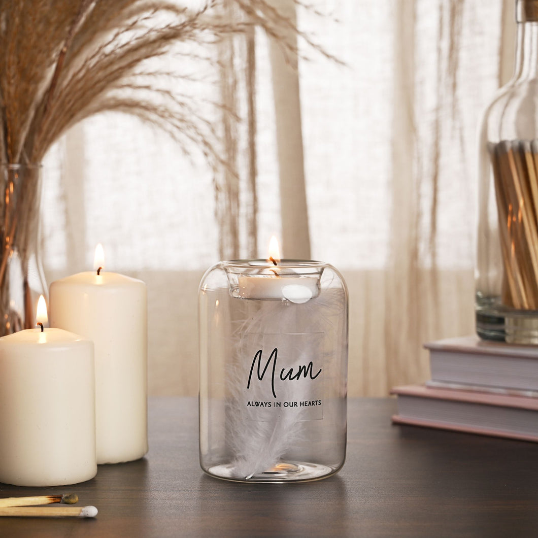 Remembrance feather glass tea light holder - mum
