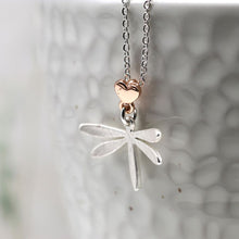 Load image into Gallery viewer, Silver plated dragonfly necklace with heart by Pom

