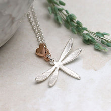 Load image into Gallery viewer, Silver plated dragonfly necklace with heart by Pom
