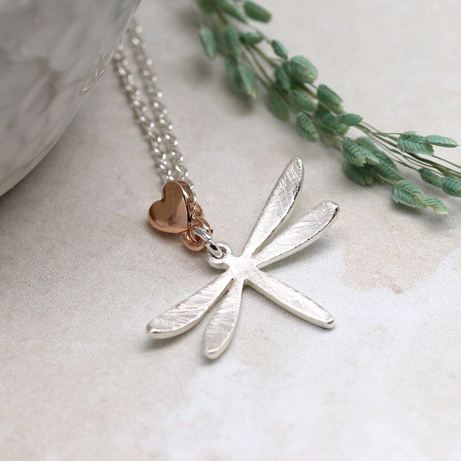 Silver plated dragonfly necklace with heart by Pom