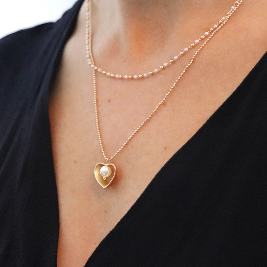 Golden layered bead chain necklace with heart and pearls by Pom