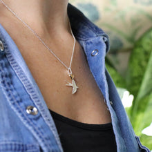 Load image into Gallery viewer, Silver plated swallow necklace with golden heart by Pom
