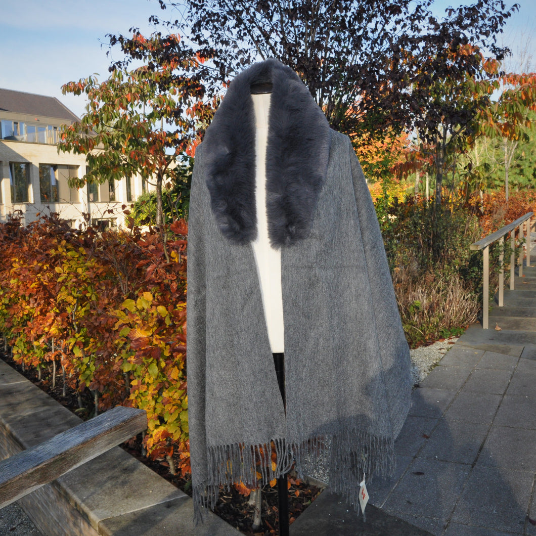 Strathurie 100% Lambswool and Faux Fur Cape- GREY