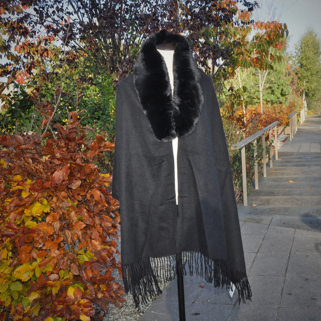 Strathurie 100% Lambswool and Faux Fur Cape- BLACK