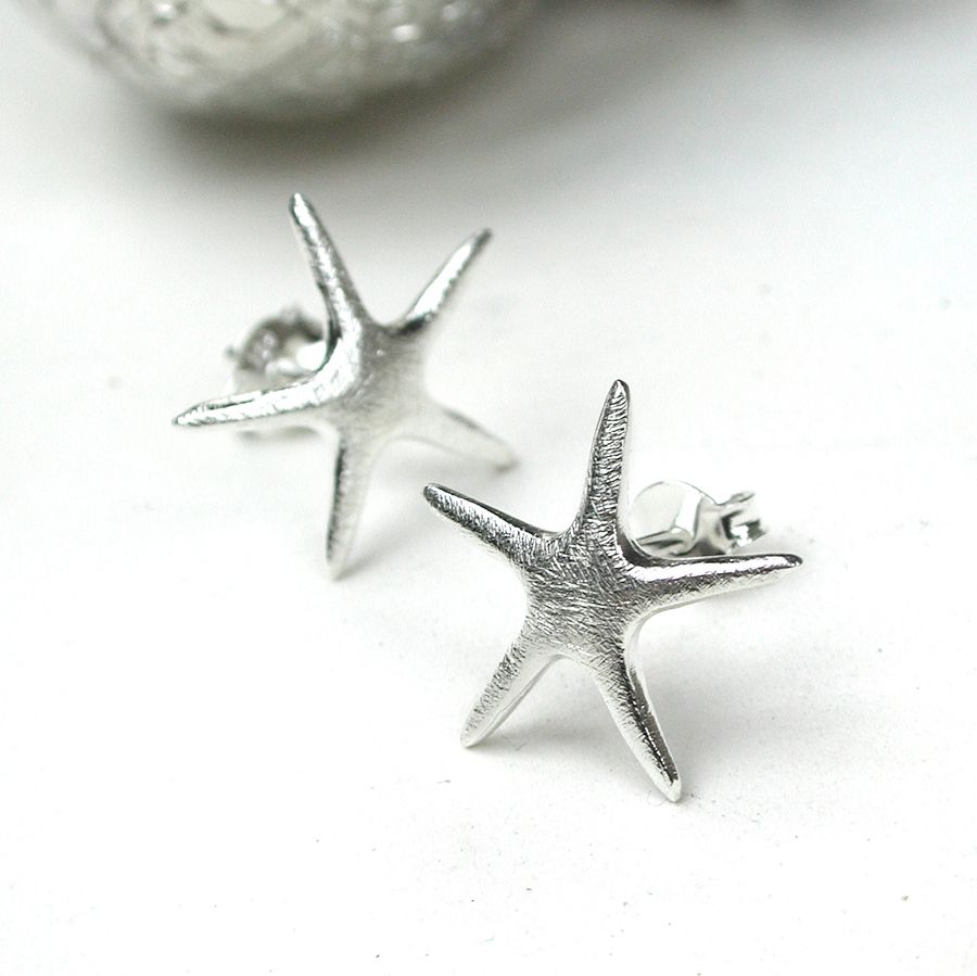 Sterling Silver Brushed Arty Starfish Earrings by Pom